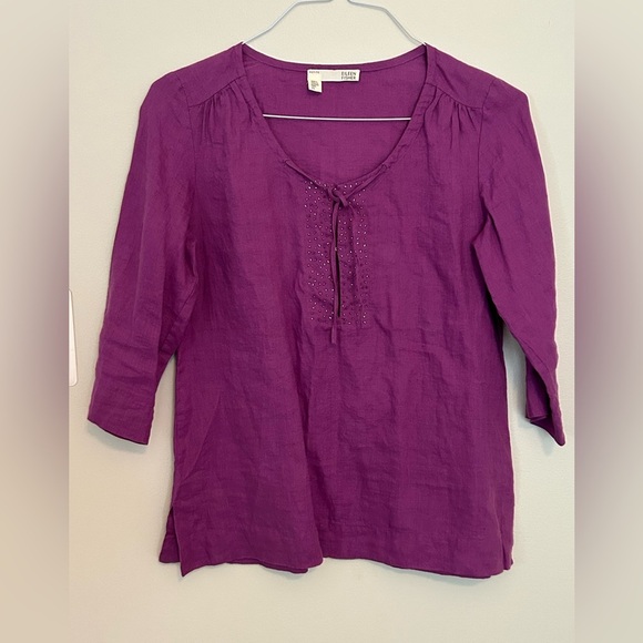 EILEEN FISHER Plum Purple 100% Irish Linen Bead Split Neck Top small petite - Picture 1 of 7